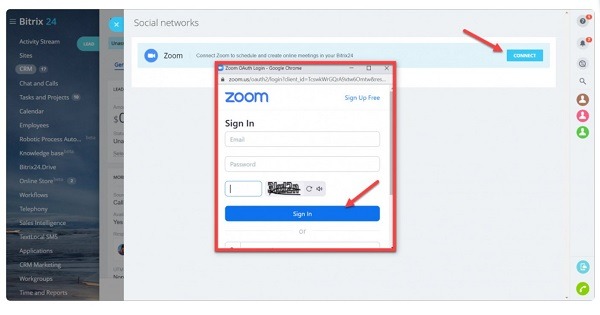 Giao diện màn hình khi bạn muốn kết nối tài khoản Zoom với Bitrix24 Messenger